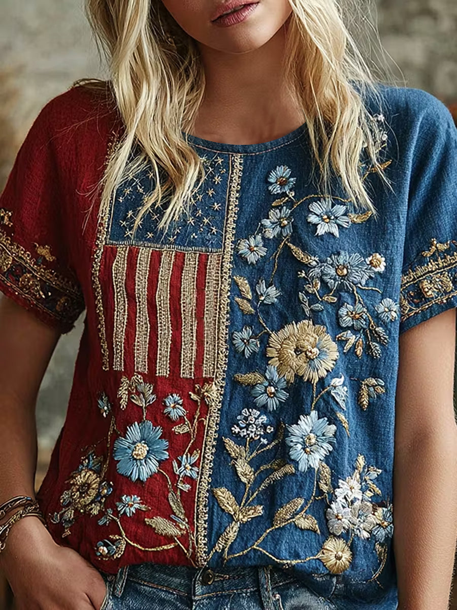 Women's America Floral Print Casual T-Shirt gracestitchs