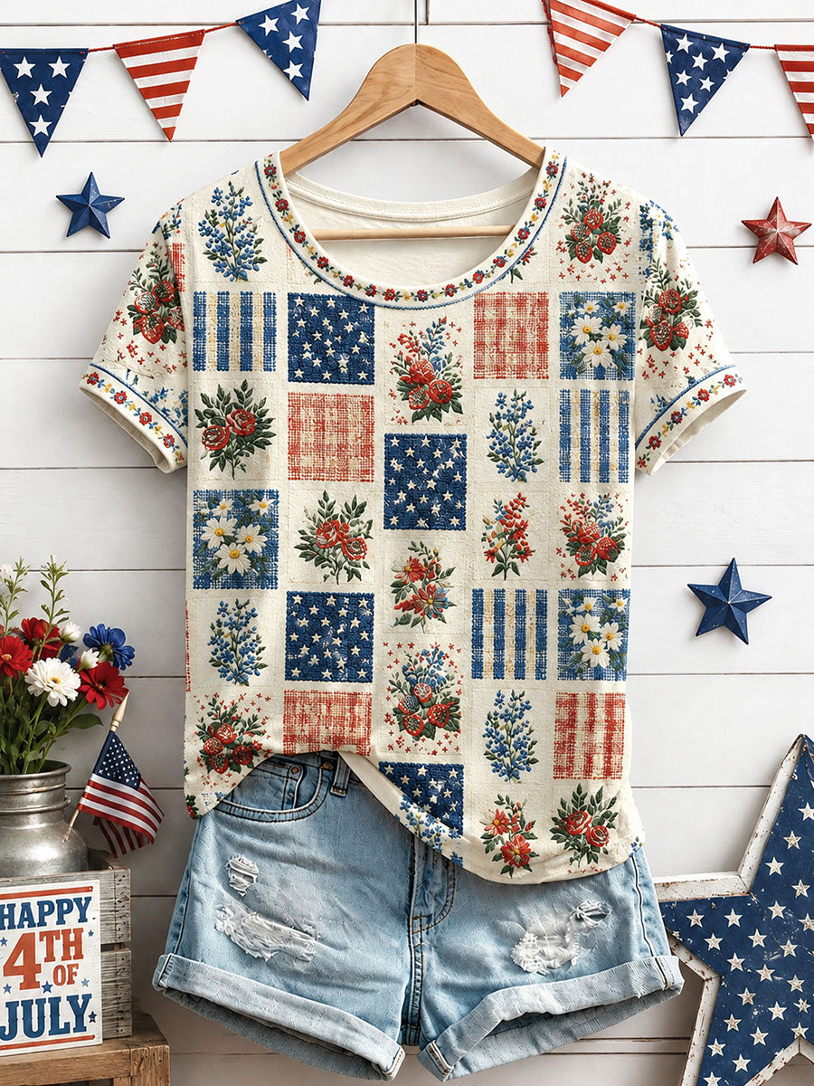Women's Independence Day Floral Art Print Casual T-Shirt gracestitchs