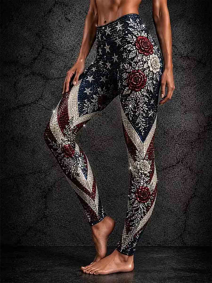 Women's Independence Day American Flag Stripes Art Print Leggings gracestitchs