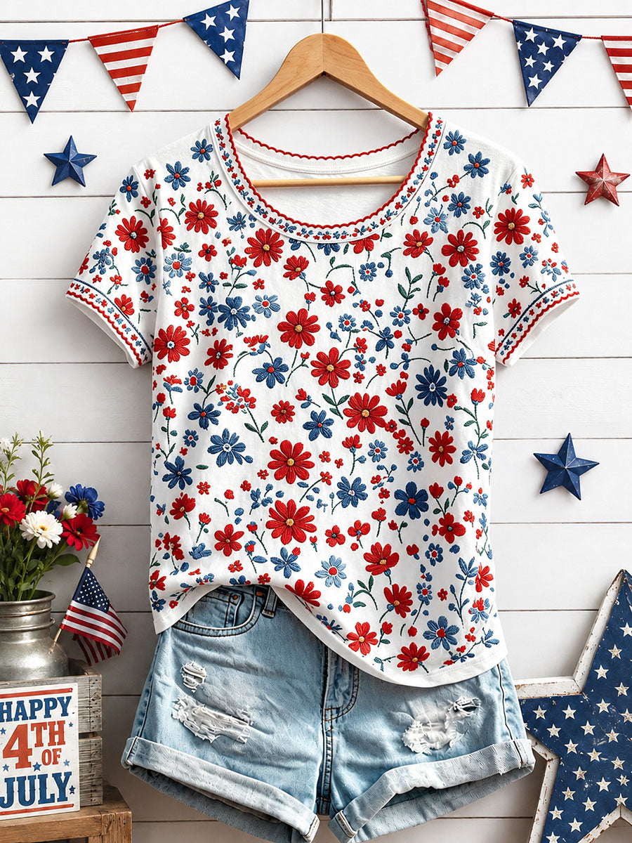 Women's Independence Day Floral Art Print Casual T-Shirt gracestitchs