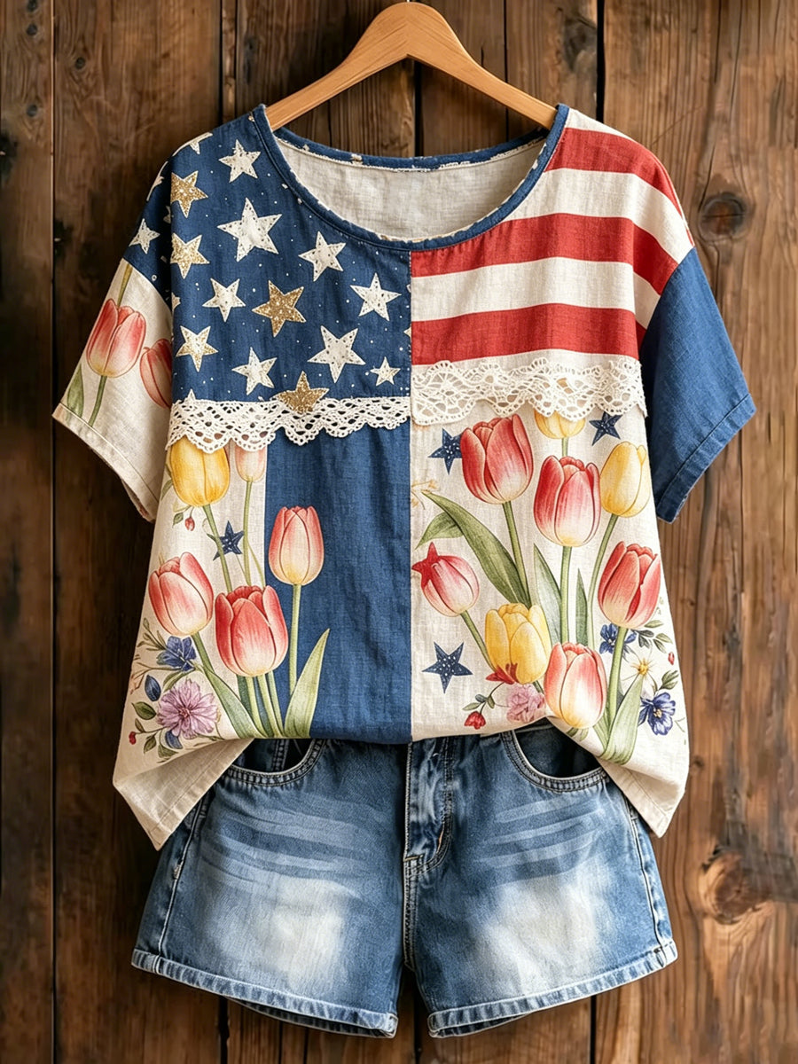 Women's America Floral Print Casual T-Shirt gracestitchs