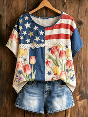 Women's America Floral Print Casual T-Shirt gracestitchs