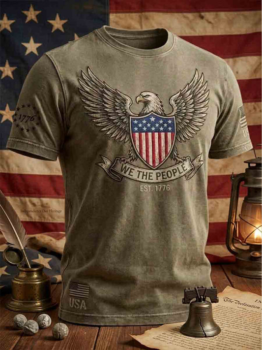Men's Vintage Independence Day American Flag Eagle Print Casual Short Sleeve T-shirt gracestitchs