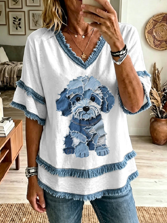 Women's Lovely Dog Denim Patchwork Art Tassel Top gracestitchs
