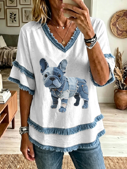 Women's Lovely French Bulldog Denim Patchwork Art Tassel Top gracestitchs