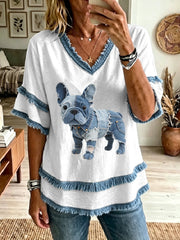Women's Lovely French Bulldog Denim Patchwork Art Tassel Top gracestitchs