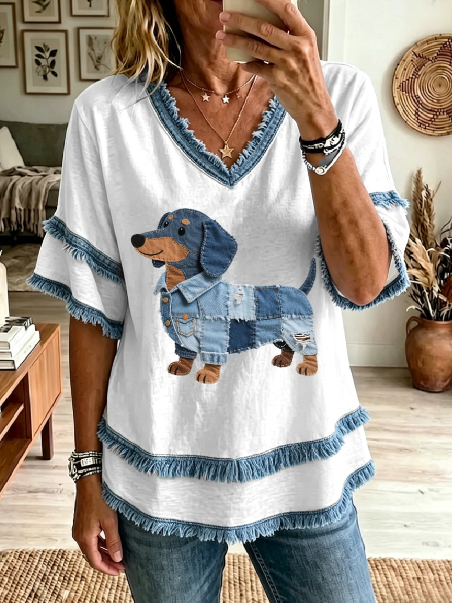 Women's Lovely Dachshund Denim Patchwork Art Tassel Top gracestitchs