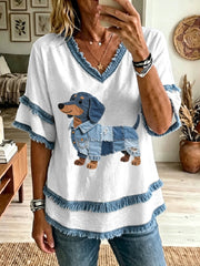 Women's Lovely Dachshund Denim Patchwork Art Tassel Top gracestitchs