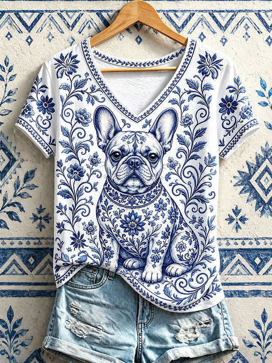Women's French Bulldog Floral V-Neck T-Shirts gracestitchs