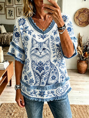 Women's Cat Floral V-Neck Tops gracestitchs