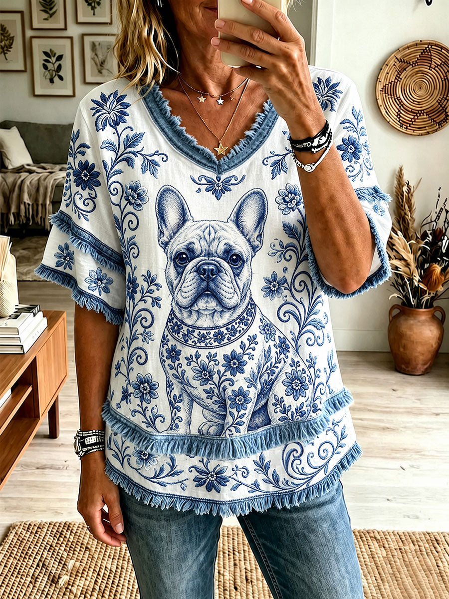 Women's French Bulldog Floral V-Neck Tops gracestitchs