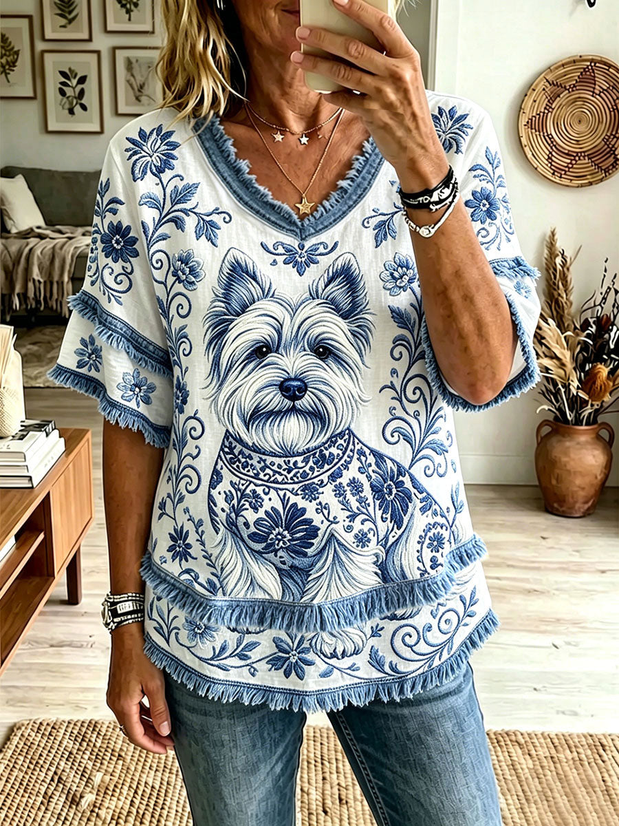 Women's Dog Floral V-Neck Tops gracestitchs