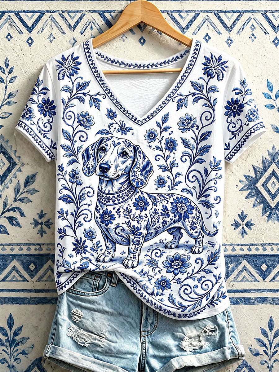 Women's Sausage Dog Floral V-Neck T-Shirts gracestitchs