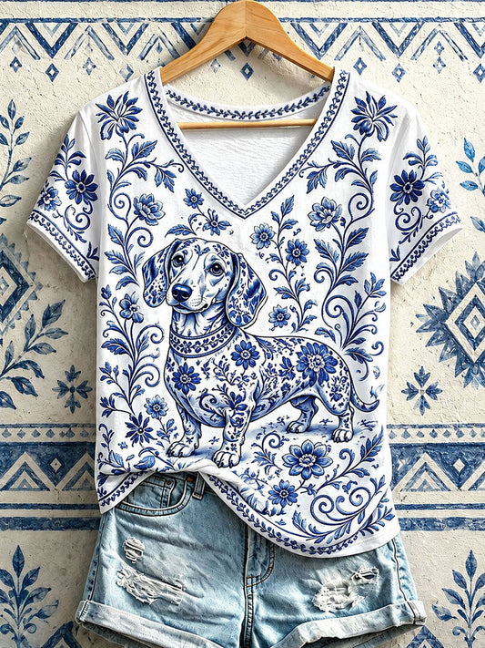 Women's Sausage Dog Floral V-Neck T-Shirts gracestitchs