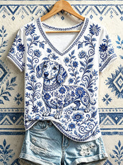 Women's Sausage Dog Floral V-Neck T-Shirts gracestitchs