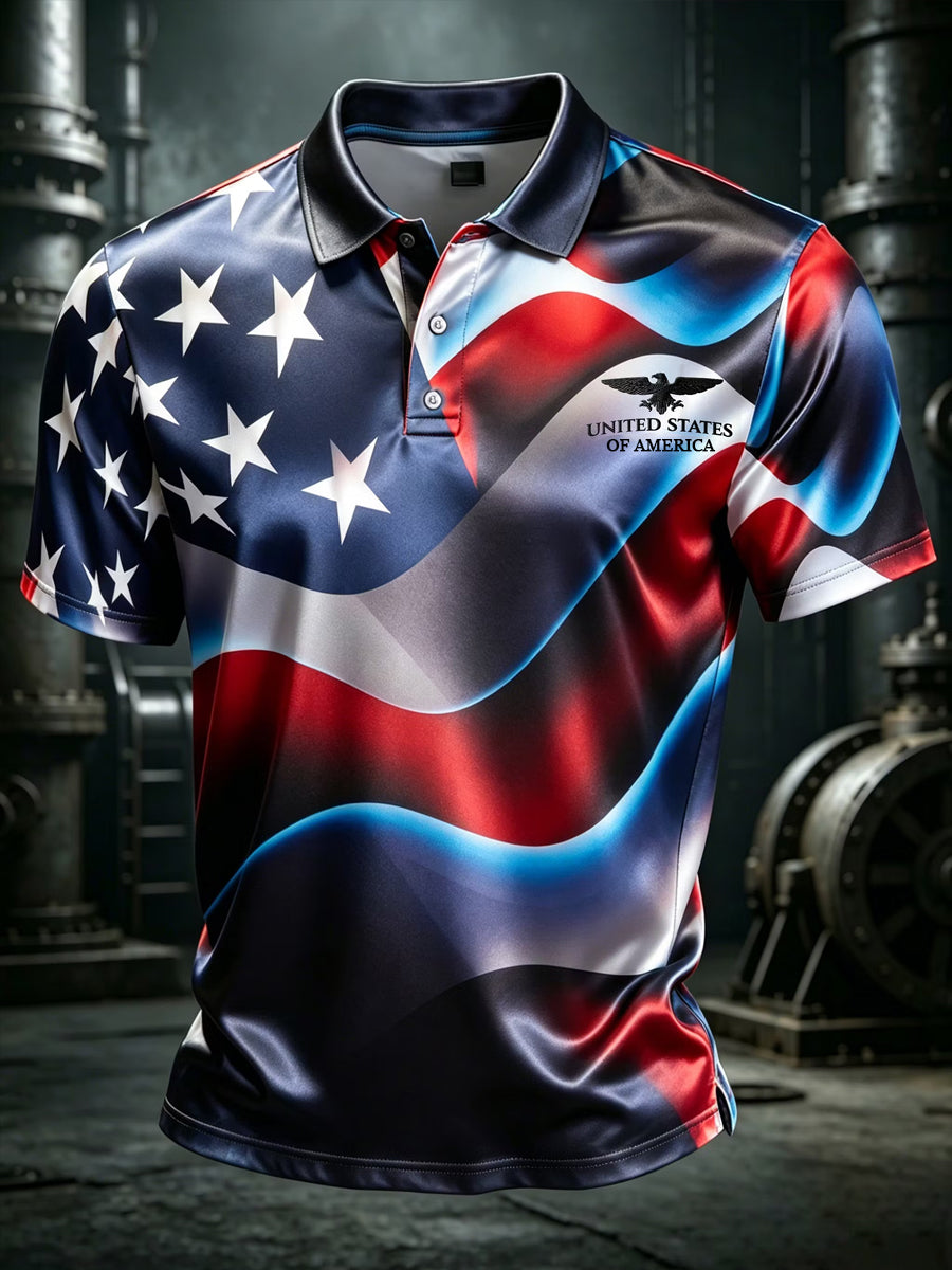 Men's Independence Day USA Flag Print Casual Patriotic Polo gracestitchs