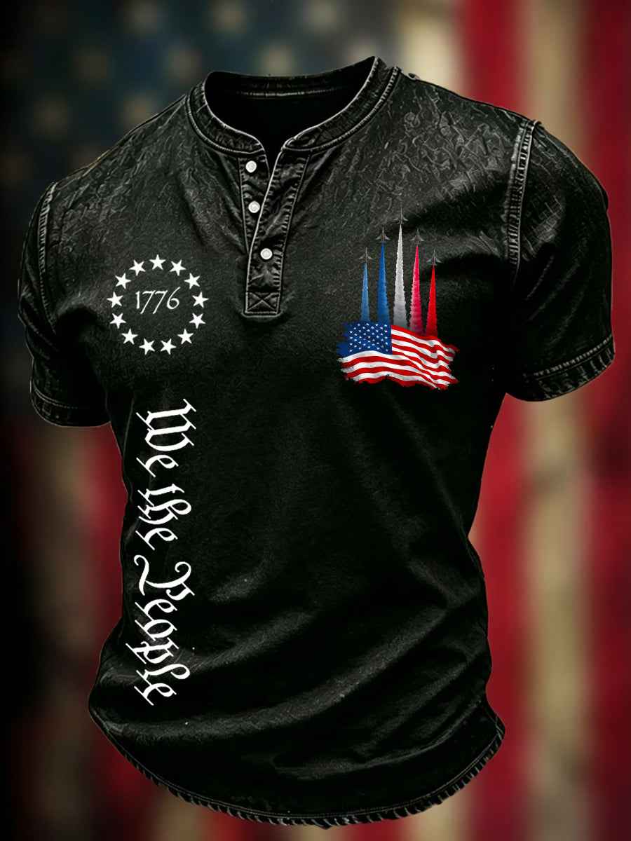 Men's Independence Day USA Flag Jet Print Casual Patriotic Tee