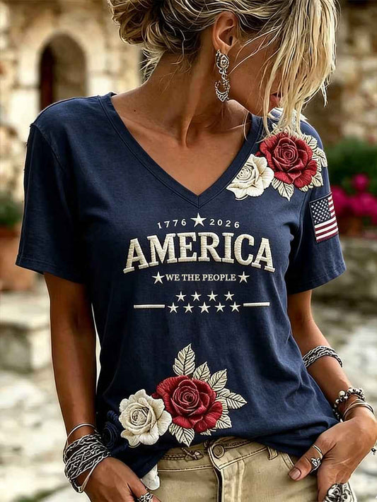 Women's Independence Day Floral America Print Casual V-Neck Tee