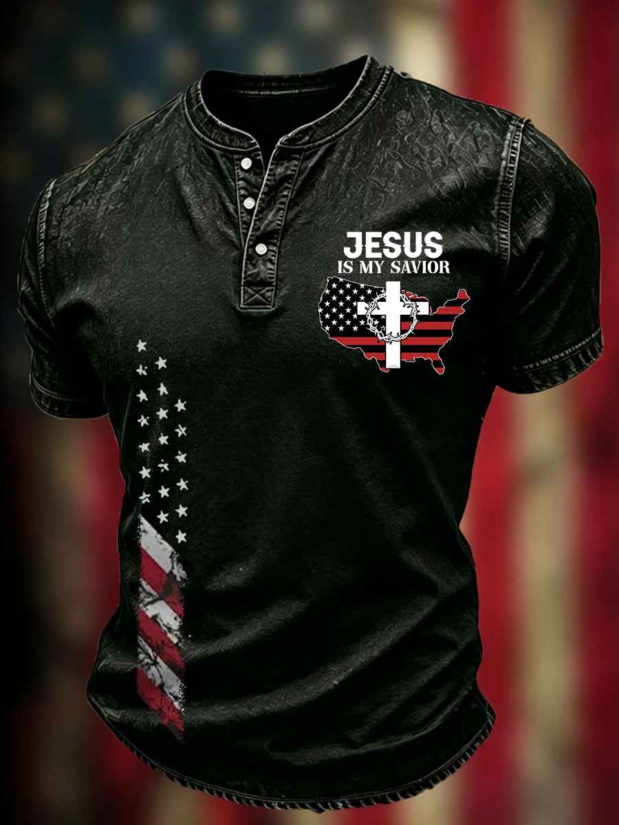 Men's Independence Day USA Flag Jesus Is My Savior Print Casual Patriotic Tee