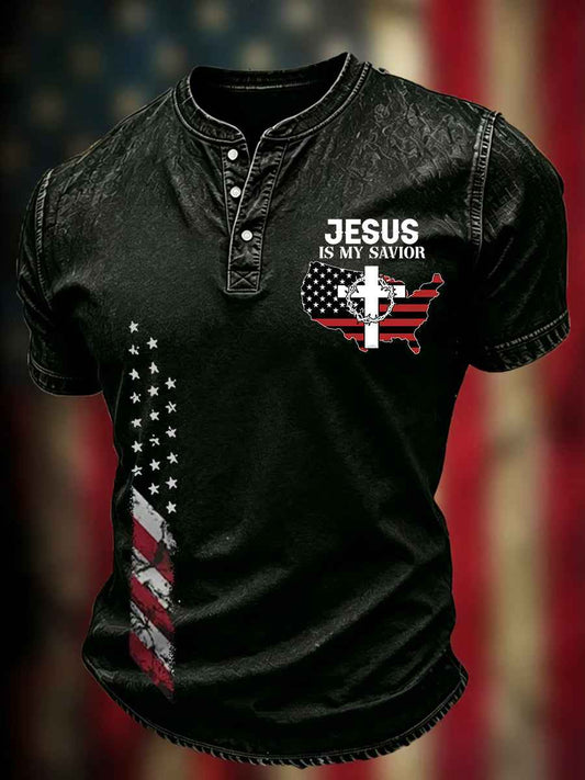 Men's Independence Day USA Flag Jesus Is My Savior Print Casual Patriotic Tee