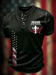 Men's Independence Day USA Flag Jesus Is My Savior Print Casual Patriotic Tee