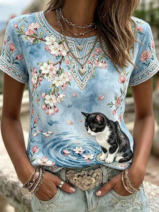 Women's Cat Floral Art Pattern Crew Neck Short Sleeve Linen Top