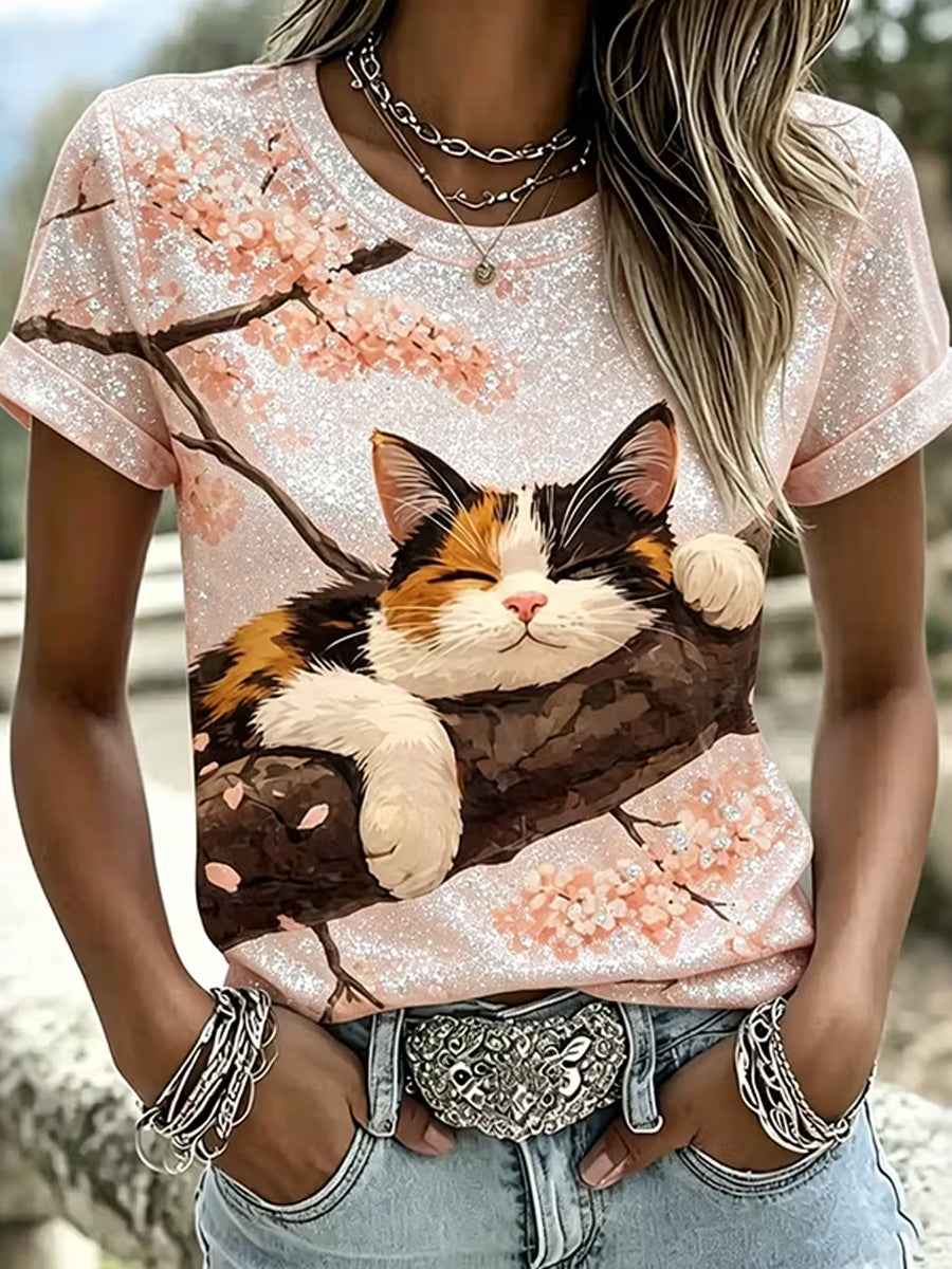 Women's Cute Cat Art Pattern Casual Short Sleeve T-shirt