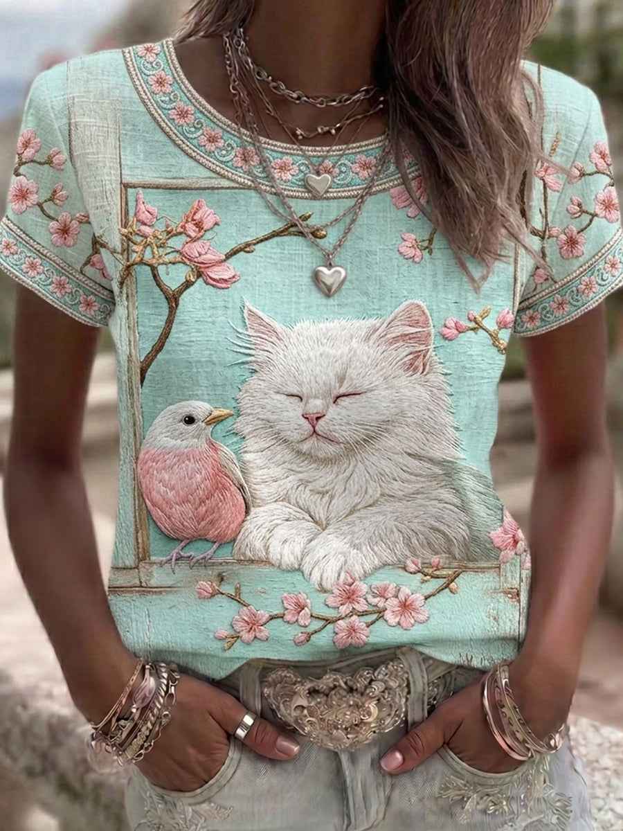 Women's Cat Floral Art Pattern Crew Neck Short Sleeve Linen Top