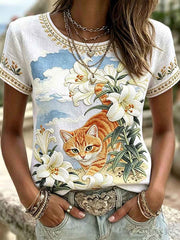 Women's Cat Floral Art Pattern Crew Neck Short Sleeve Linen Top