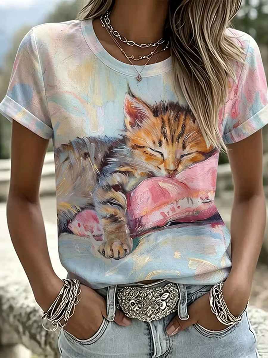 Women's Cute Cat Art Pattern Casual Short Sleeve T-shirt