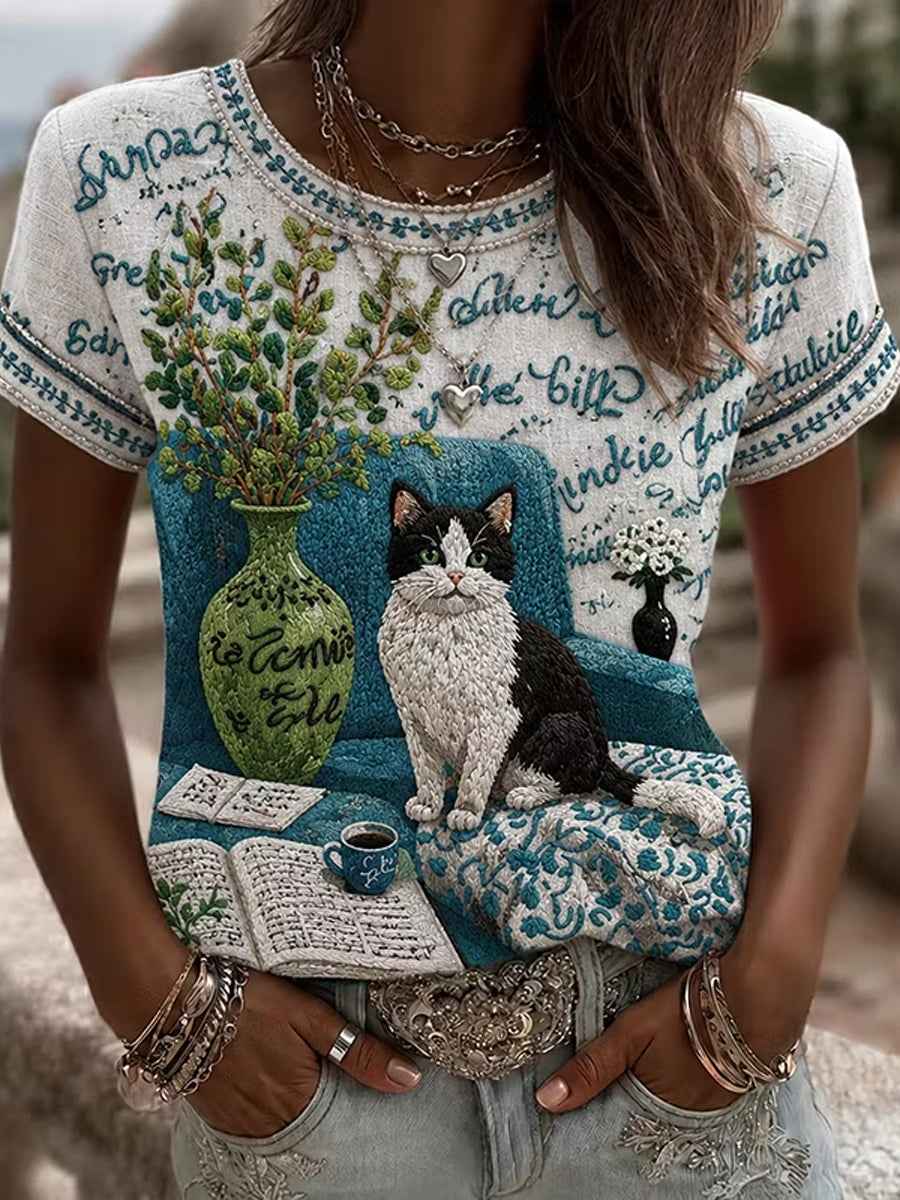 Women's Cat Floral Art Pattern Crew Neck Short Sleeve Linen Top