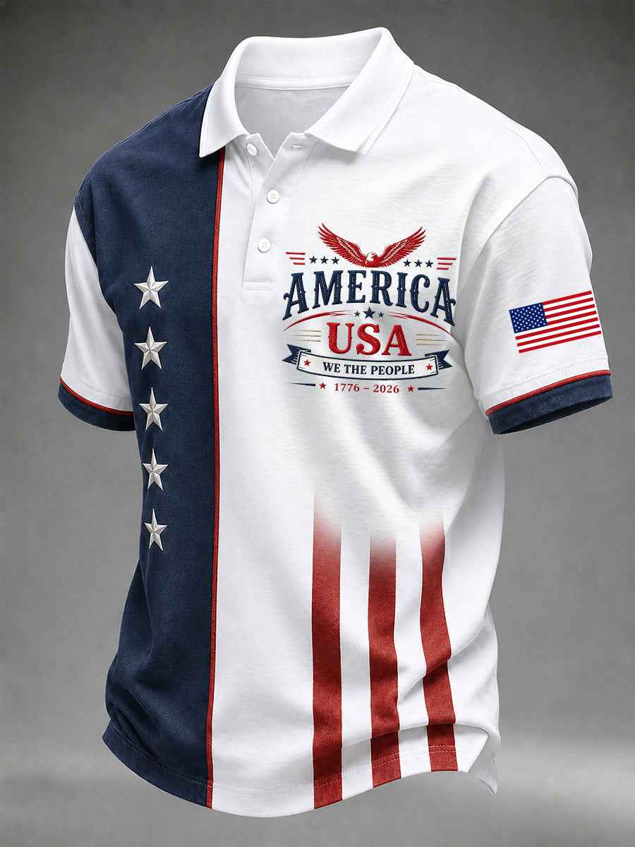 Men's Independence Day USA Flag Print Casual Polo
