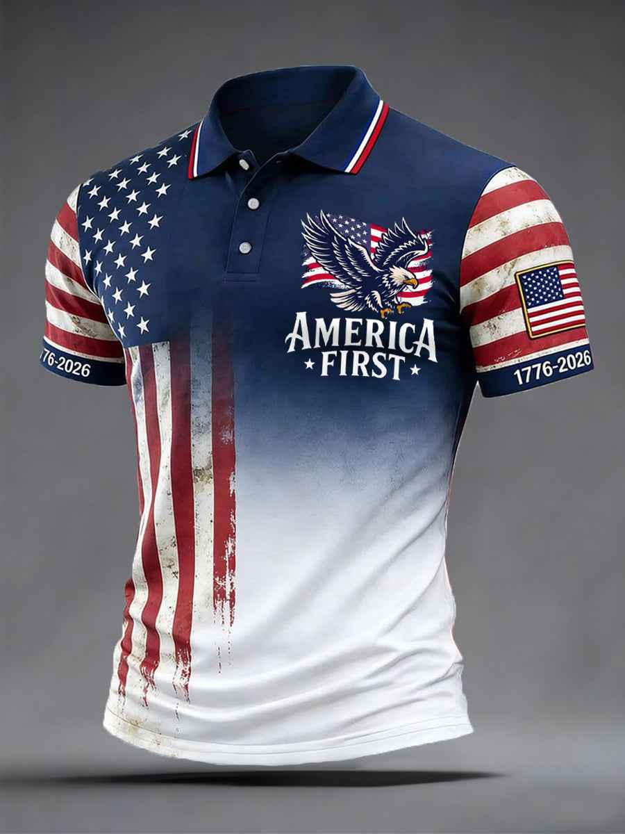 Men's Independence Day America First Bald Eagle USA Flag Print Casual Patriotic Polo