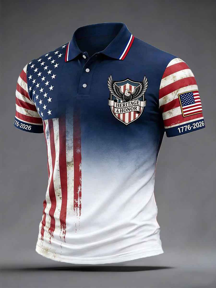 Men's Independence Day Bald Eagle USA Flag Print Casual Patriotic Polo