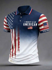 Men's I Identify As An American Independence Day USA Flag Print Casual Patriotic Polo