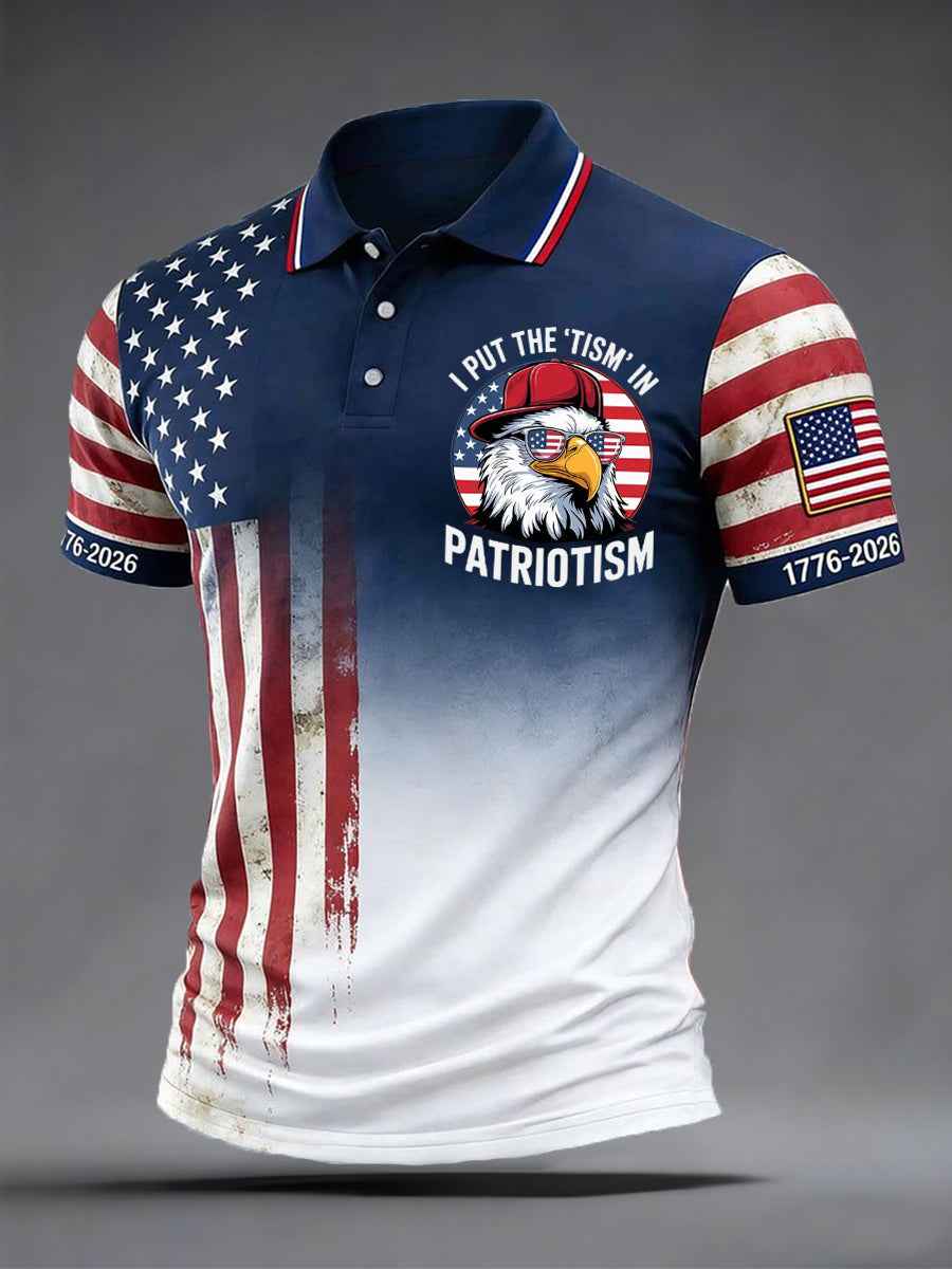 Men's Independence Day I Put The Tism In Patriotism Bald Eagle USA Flag Print Casual Patriotic Polo