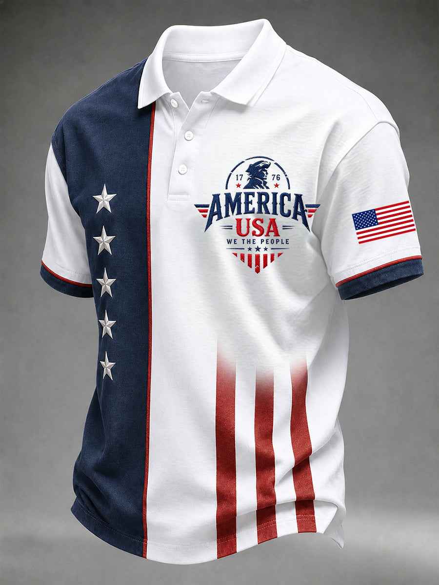 Men's Independence Day USA Flag Print Casual Polo