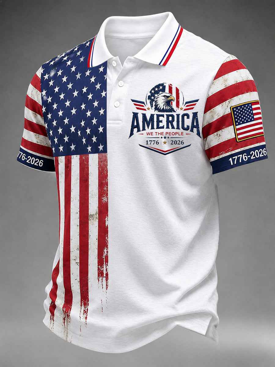 Men's Independence Day USA Flag Print Casual Polo