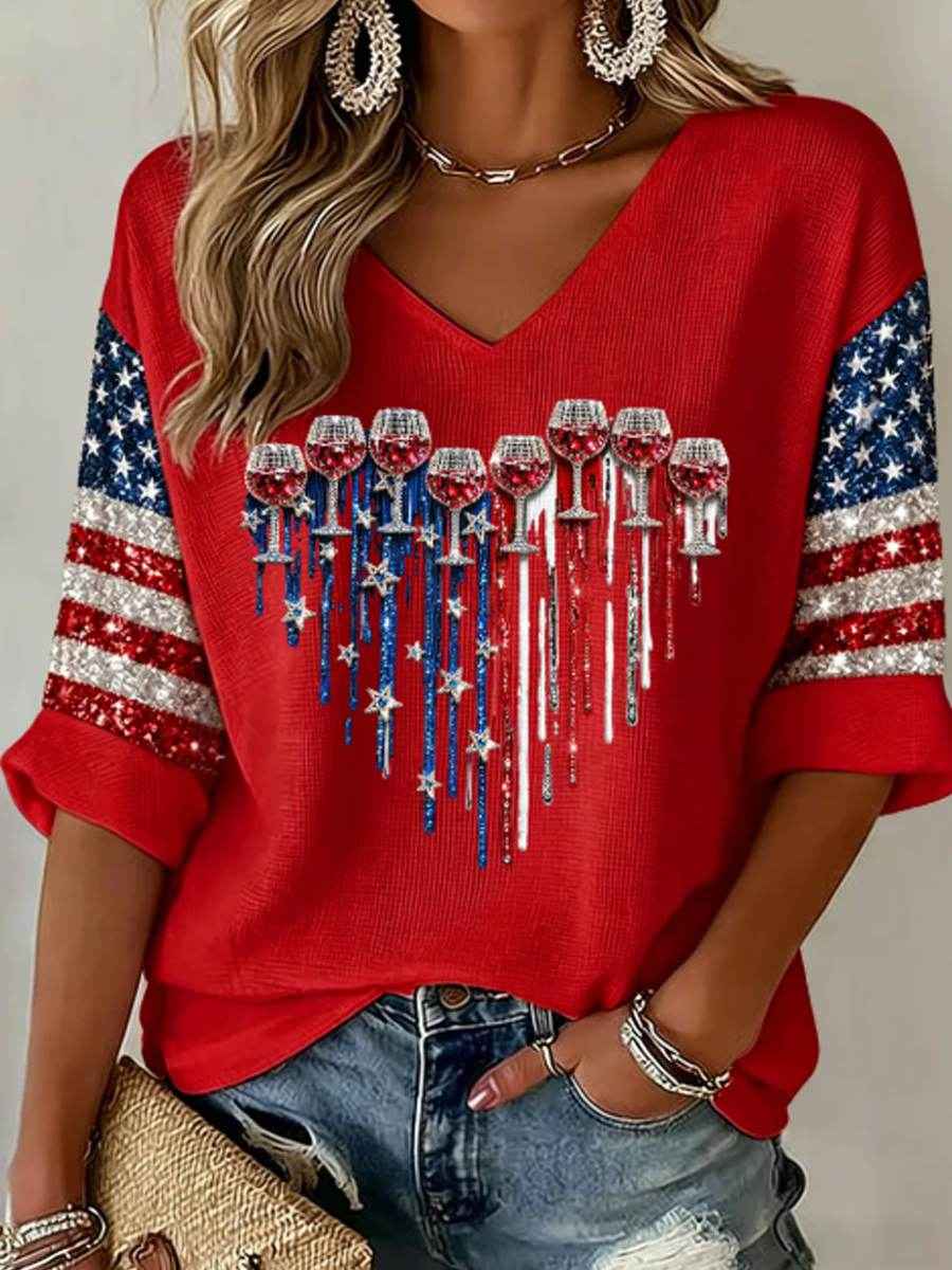 Women's Mid-length Sleeves V-Neck T-Shirt