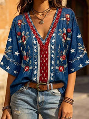Women's 4th of July Freedom Art Printed Linen Tops
