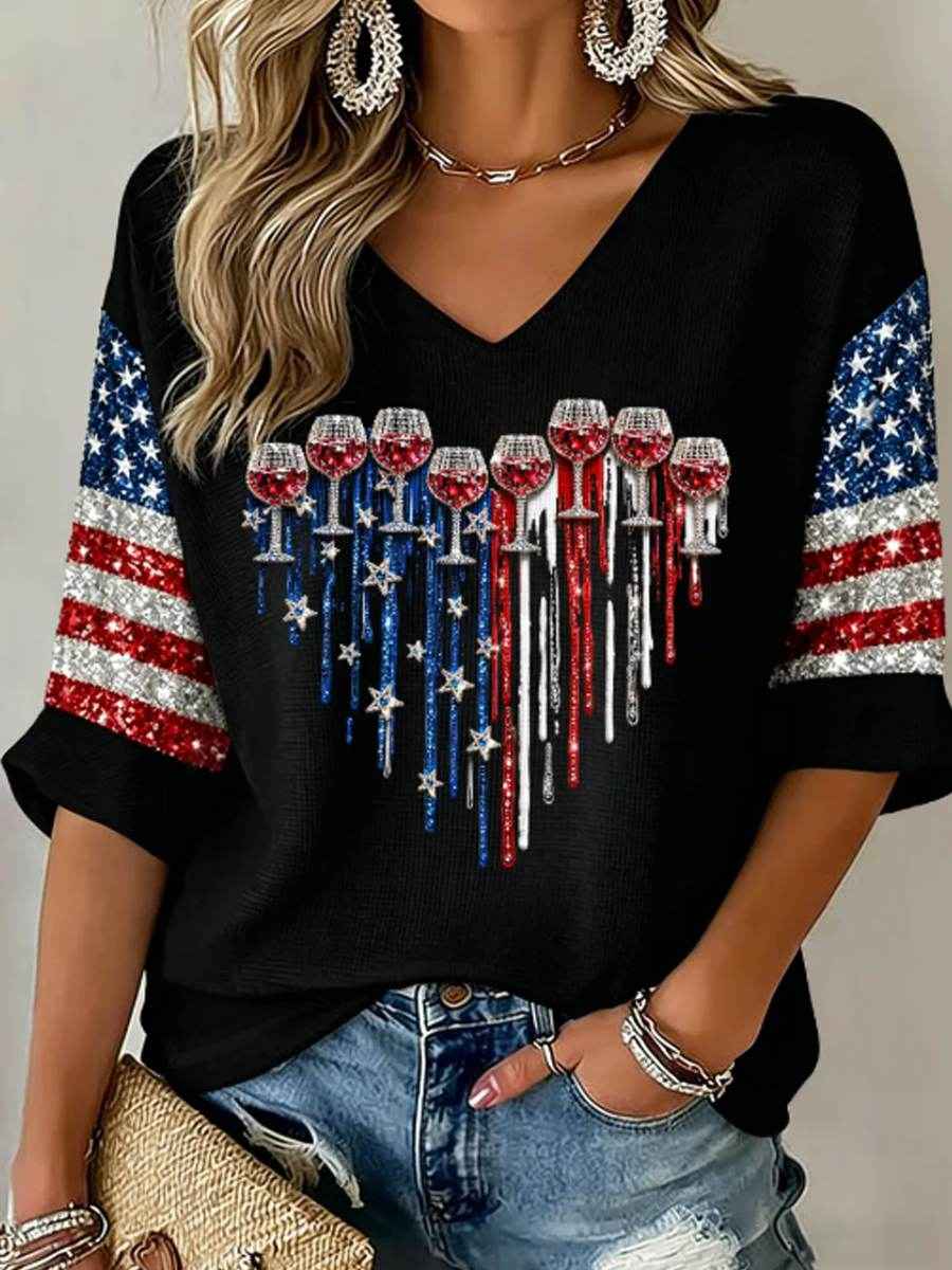 Women's Mid-length Sleeves V-Neck T-Shirt