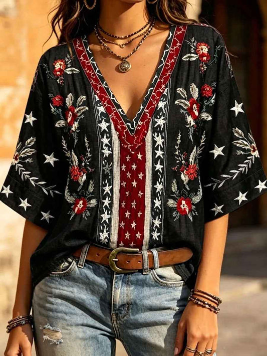 Women's 4th of July Freedom Art Printed Linen Tops