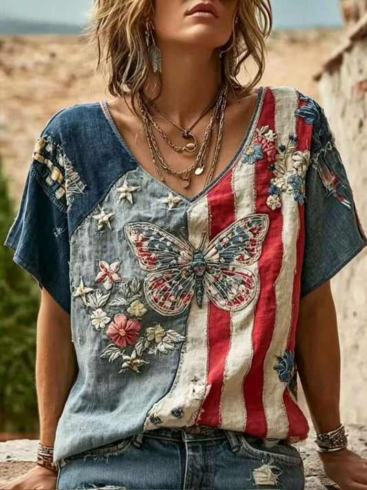 Women's America Floral Print V-Neck Casual T-Shirt