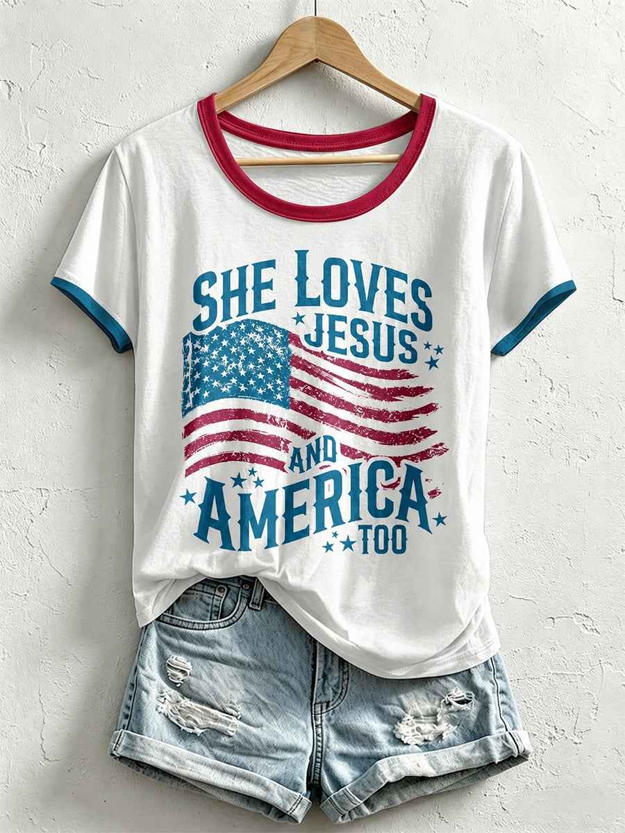 Women's She Loves Jesus and America Too Print T-Shirt