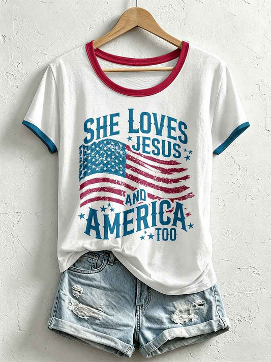 Women's She Loves Jesus and America Too Print T-Shirt