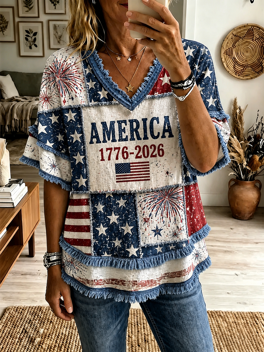 Women's America Printed Cotton-Linen Shirt gracestitchs