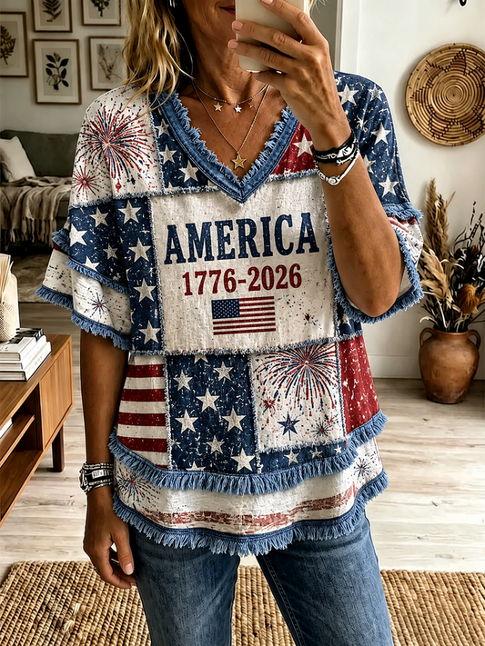 Women's America Printed Cotton-Linen Shirt gracestitchs