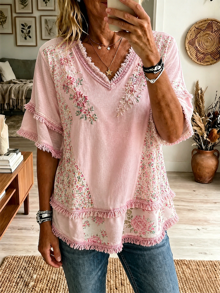 Women's Pink Botanical Floral Print Cotton-Linen Shirt gracestitchs