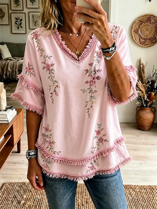 Women's Pink Botanical Floral Print Cotton-Linen Shirt gracestitchs