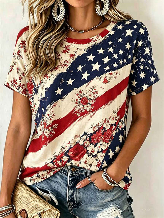 Women's Vintage Floral American Flag Art short-sleeved T-shirt